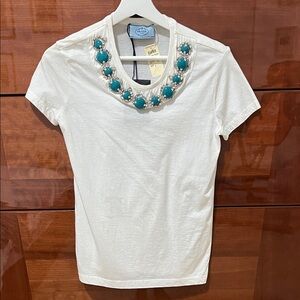 Prada White Tee with Blue Embellishments